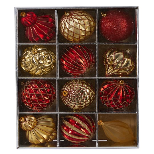12ct. 4&#x22; Red &#x26; Gold Shatterproof Luxe Ornament Set